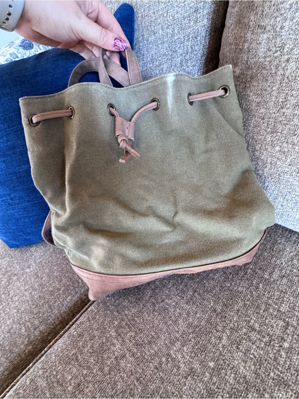 wild fable Olive Green Canvas Drawstring Backpack with Tan Trim